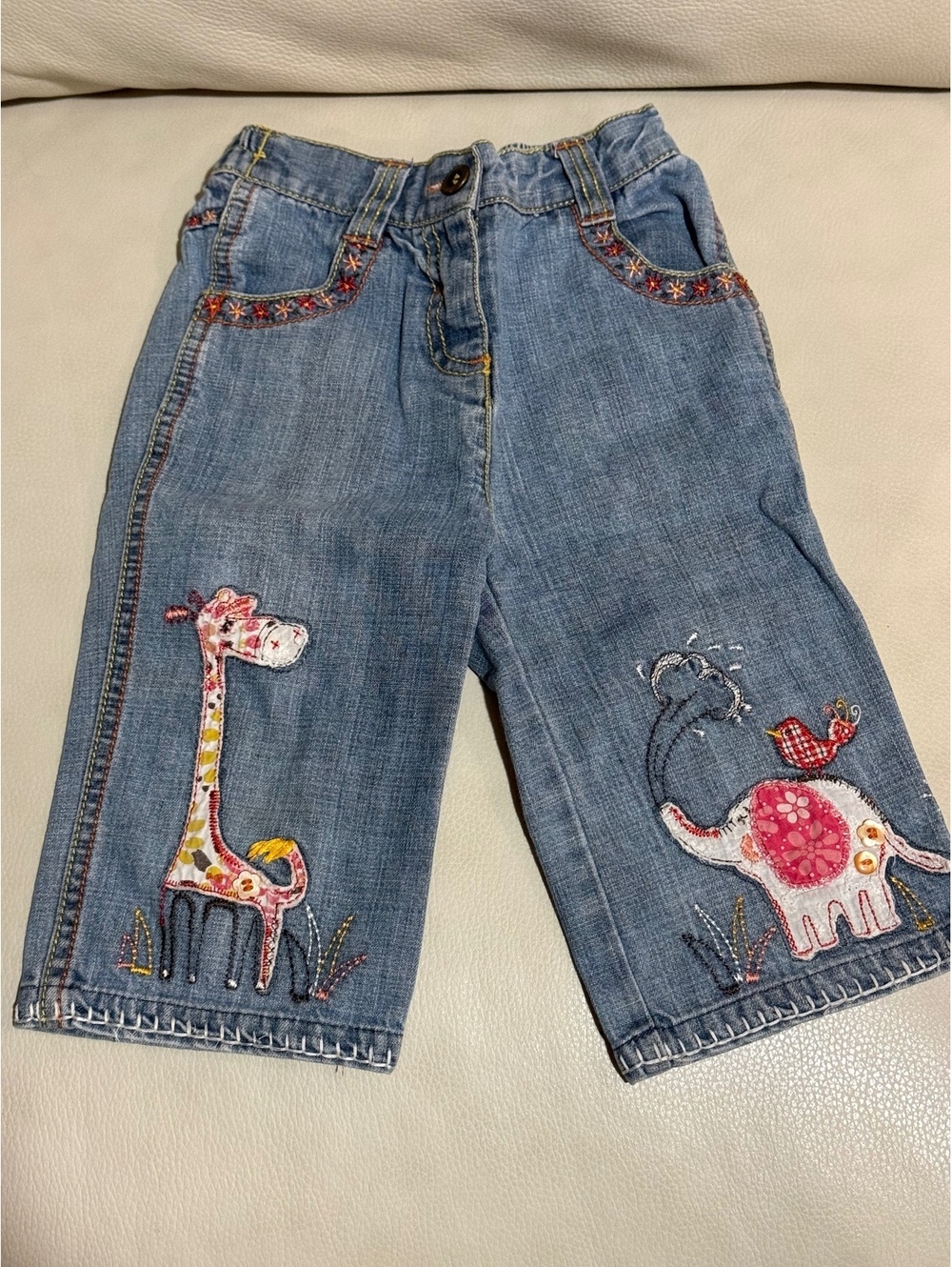 NEXT Girls Boys 3-4Y Denim Jeans Embroidered Giraffe Elephant Safari Animals